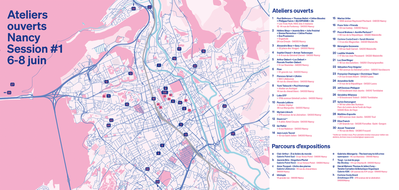 Affiche officielle des Ateliers Ouverts Grand Nancy 2025 accompagnée du plan des 44 artistes participants, avec l’atelier de Matthieu Exposito à Toul indiqué au numéro 28.