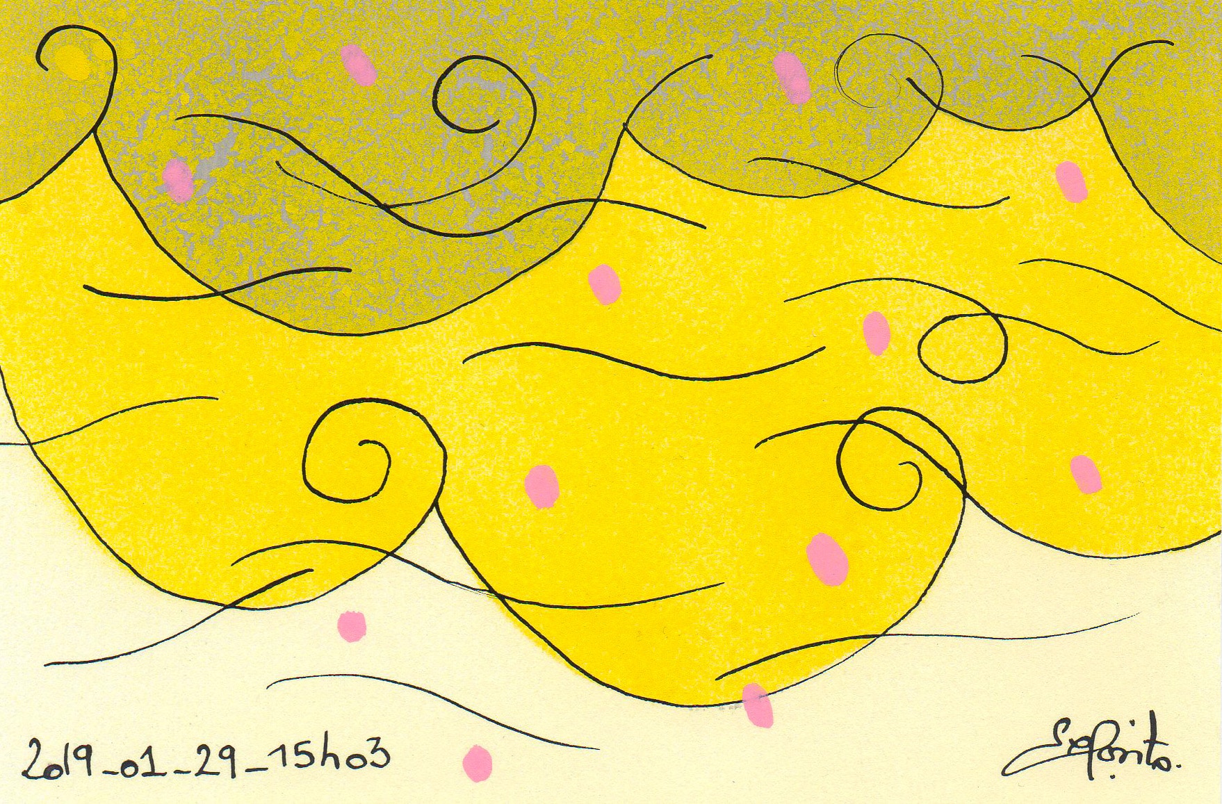 Dessin à l’encre de Chine sur fond jaune représentant le ciel et des nuages Œuvre de Matthieu Exposito.